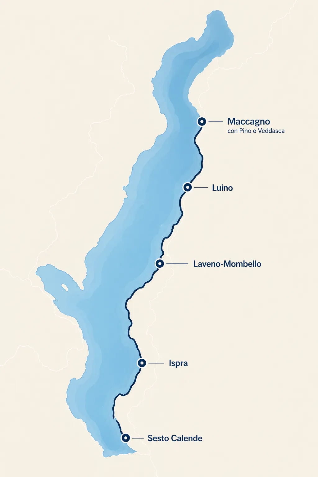 Approximate HausDock service area on the Lombardy shore of Lake Maggiore, from Maccagno con Pino e Veddasca to Sesto Calende. Map is illustrative.